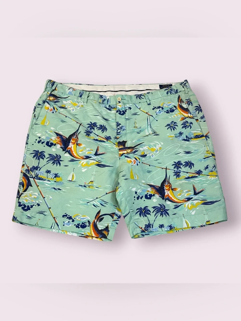 Polo Ralph Lauren Mens Classic Fit Shorts, Teal With Fishing/Beach Scene, SZ 44B